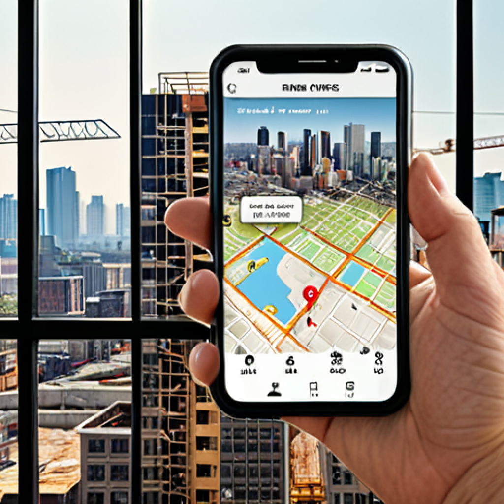 ** A smartphone displaying an app interface with interactive maps highlighting areas with approved building permits, overlaid with charts predicting price increases. The background shows a cityscape with construction cranes, suggesting future growth. The overall tone should be optimistic and forward-looking, implying successful investment opportunities.

**