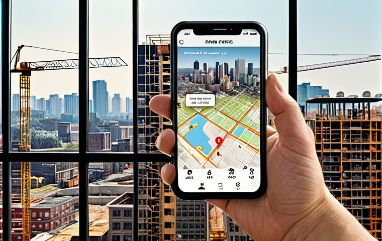 ** A smartphone displaying an app interface with interactive maps highlighting areas with approved building permits, overlaid with charts predicting price increases. The background shows a cityscape with construction cranes, suggesting future growth. The overall tone should be optimistic and forward-looking, implying successful investment opportunities.
**