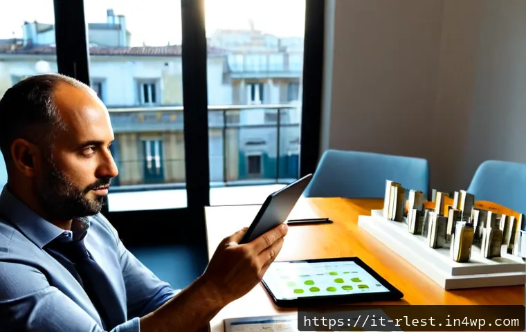 Home 14 가상 부동산 투자 시 자산 분산 효과 - Photorealistic Italian investor in a bright Milan apartment home office, calmly comparing a miniatur...