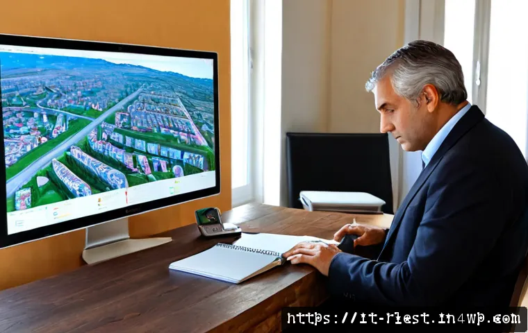 Home 15 가상 부동산 투자에 대한 생태계 분석 - Photorealistic modern Italian home office, middle-aged investor reviewing a virtual real estate ecos...